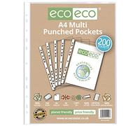 eco-eco Eco129 - Protector de hojas para billetera (100% reciclado, 100% reciclado, varios bolsillos perforados, vidrio transparente, 45 micras, 200 carteras, color transparente