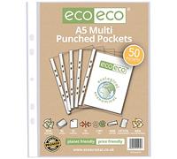 eco-eco eco132 - Protector de hojas A5 100% reciclado multiperforado, transparente, 45 micras (50 bolsillos), transparente