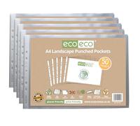eco-eco Eco145x5 - Protector de hojas de polietileno transparente con bolsillos perforados, 100% reciclado, tamaño A4, 45 micras (5 paquetes de 50 unidades), transparente