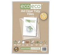 eco-eco Papelería A4 50% reciclado bolsa 50 archivadores de informes ordenados, 200 micras tapa abierta y laterales carteras de archivos de corte transparente empotrado, eco121