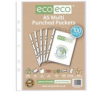 eco-eco Protector de hojas A5 100% reciclado Premier multiperforado, transparente, 45 micras (paquete de 100), eco109