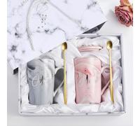 Ecofocet 2Pcs Sr. y La Sra. Tazas De Regalo,Mr y Mrs Set de Tazas de Café,400ml Taza de Cerámica con Patrón de Mármol,con Tapa y Cuchara,Caja de Regalo,para Aniversario de Boda,Parejas Casadas