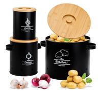 Ecofocet Caja para Guardar Patatas, Juego de 3 Contenedores de Metal con Tapa de Bambú, Organizador Apilable con Orificios de Ventilación para Patatas, Cebollas y Ajos, Redondo (Negro)