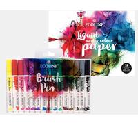 Ecoline Juego de pinceles y papel, 15 estuches + bloc de bocetos de 24 x 32 cm, 290 g/m², paquete de ahorro