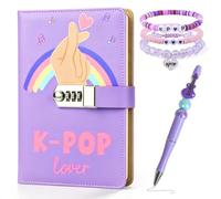 EcoUtens Kpop - Diario con cerradura para niñas, diario con contraseña bloqueada con bolígrafo y 3 pulseras, kit de diario de diseño único para cumpleaños, recuerdos de fiesta y fanáticos de Kpop
