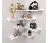 Ecowillon Juego de 4 estantes flotantes de esquina de 4 niveles, estantes esquineros de madera de pino rústico para almacenamiento y decoración de pared, estante esquinero en forma de L para