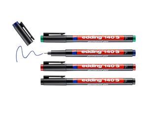 edding 140 S rotulador permanente - juego de 4 - multicolor -punta redonda de 0,3 mm-bolígrafo para escribir sobre cristal, plástico, láminas y superficies lisas - permanente, secado rápido, no mancha