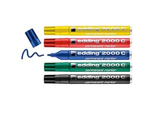 edding 2000 C marcador permanente - rojo, azul, verde, amarillo, negro - juego de 5 - punta redonda - indeleble de secado rápido resistente al agua y a los borrones - cartón plástico madera metal