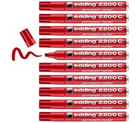 edding 2200 C marcador permanente - rojo - juego de 10 - punta biselada 1,5-3 mm - indeleble de secado rápido - resistente al agua y a los borrones - cartón, plástico, madera, metal, tela- universal