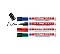 edding 3000 marcador permanente - negro, rojo, azul, verde - 4 rotuladores - punta redonda - indeleble de secado rápido - resistente al agua y a los borrones - cartón plástico madera metal - universal