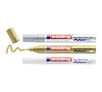 Edding 750-3 Marcadores de Tinta Opaca Brillante Metalicos - Punta Redonda 2-4 mm - Blanco - Plata - Oro