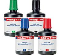 Edding Tinta de Recambio Permanente T100 - 4 Colores - 4 x 100 ml - Para Rotuladores Permanentes (También EcoLine)