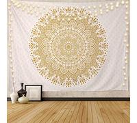 Edeesky - Tapiz de mandala dorado en blanco para colgar en la pared, tapiz psicodélico con medallón, decoración estética india hippie, arte bohemio, decoración boho para el hogar, para dormitorio