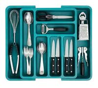edihome, Organizador Cubiertos, Cubertero para Cajon, Bandeja de Cuberteria Extensible, con 6 a 8 Compartimentos, BPA Free, Ajustable, Utensilios de Cocina (Turquesa)