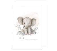 Edition Seidel A4-E1001 Tarjeta de felicitación XXL Maxi Premium para nacimiento con sobre Formato DIN A4. Tarjeta de felicitación para bebé con texto en inglés Hola pequeño Niño Niña Elefante