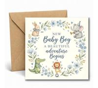 Edition Seidel Premium tarjeta de nacimiento cuadrada con sobre. Tarjeta mensaje en inglés Hello Bienvenido New Baby Boy animal aventura (EQ189 SW026)