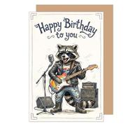 Edition Seidel Tarjeta de felicitación de cumpleaños premium con sobre, tarjeta de felicitación de cumpleaños, con texto en inglés, divertido mapache rock guitarrista para hombre amigo (G4014 SW026)