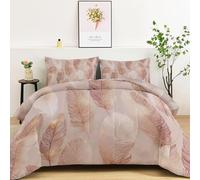 Edredón de color rosa claro para las 4 estaciones, cálido edredón de 135 x 200 cm - plumas de animales de oro rosa claro lavable edredón reversible con 2 fundas de almohada de 80 x 80 cm