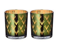 EDZARD Vasos portavelas Dirk Juego de 2 (H 8 cm, Ø 7,5 cm), Cristal Verde | interior oro, el motivo de ciervo brilla en dorado con la luz de la vela, set de 2 para mesa y repisa de ventana