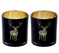 EDZARD Vasos portavelas Fancy Juego de 2 (H 8 cm, Ø 7,5 cm), Cristal Negro | el motivo de ciervo brilla en dorado con la luz de la vela, set de 2 para mesa y repisa de ventana