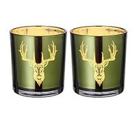 EDZARD Vasos portavelas Ted Juego de 2 (H 8 cm, Ø 7,5 cm), Cristal Verde | interior oro, el motivo de ciervo brilla en dorado con la luz de la vela, set de 2 para mesa y repisa de ventana