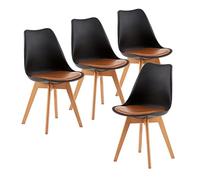 EGGREE Pack 4 Sillas de Comedor Sillas Cocina Nordica con Asiento Tapizado de Cuero PU y Patas de Haya, Negro & Cuero PU Marrón