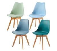 EGGREE Pack 4 Sillas de Comedor Sillas Cocina Nórdica de Plástico con Cojín de Asiento de Cuero PU y Las piernas de Madera de Haya Maciza,Verde Helado+Azul Claro+Morandi Azul Claro+ Turquesa