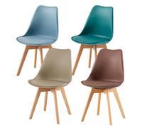 EGGREE Pack 4 Sillas de Comedor Sillas Cocina Nórdica de Plástico con Cojín de Asiento de Cuero PU y Las piernas de Madera de Haya Maciza,Morandi Azul Claro+ Turques Caqui Claro+Marrón Chocolate