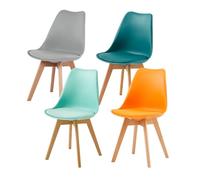 EGGREE Pack 4 Sillas de Comedor Sillas Cocina Nórdica de Plástico con Cojín de Asiento de Cuero PU y Las piernas de Madera de Haya Maciza,Gris+Turques Verde Ment Naranja