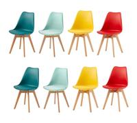 EGGREE Pack 8 Sillas de Comedor Sillas Cocina Nórdica de Plástico con Cojín de Asiento de Cuero PU y Las piernas de Madera de Haya Maciza, 2 Amarillo+2 Rojo+2 Turques 2 Verde Menta