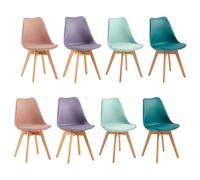 EGGREE Pack 8 Sillas de Comedor Sillas Cocina Nórdica de Plástico con Cojín de Asiento de Cuero PU y Las piernas de Madera de Haya Maciza,2Rosa Ahumado+2Turques 2Verde Ment 2Gris púrpura