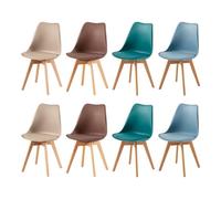 EGGREE Pack 8 Sillas de Comedor Sillas Cocina Nórdica de Plástico con Cojín de Asiento de Cuero PU y Las piernas de Madera de Haya Maciza,Morandi Azul Claro+ Turques Caqui Claro+Marrón Chocolate