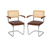 EGGREE Pack de 2 Sillas de Comedor de Ratán con Reposabrazos y Estructura de Hierro Galvanizado, Sillas Tapizadas en PU para Salas de Reuniones, Oficinas y Comedores, G02-Marrón