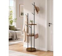 EGGREE Perchero giratorio 360°, perchero de pie con 6 ganchos y 3 estantes redondos, mueble recibidor para Entrada Dormitorio Salón, ahorro de espacio, estilo vintage marrón y negro, 40 × 40 × 176 cm