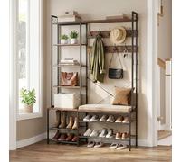 EGGREE Perchero Recibidor con Banco Zapatero,Mueble de Entrada 6 en 1 con Zapatero,5 Estantes de Almacenaje,9 Ganchos Triples,8 Ganchos Laterales,120 x 40 x 190 cm,Marrón Vintage y Negro
