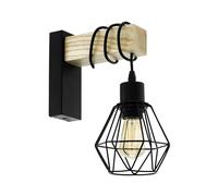 Eglo Aplique de pared TOWNSHEND 5, aplique de pared vintage con 1 bombilla en diseño industrial, lámpara retro de acero y madera, color negro, marrón, casquillo E27, certificado FSC