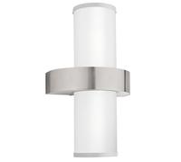 Eglo Beverly Lámpara de pared para exterior de 2 focos, aplique de acero inoxidable en color plata y cristal blanco esmerilado, casquillo E27, IP44