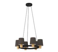 Eglo Chandelier Edale, lámpara colgante para comedor de 6 luces, luminaria forma redonda, FSC100HB, iluminador de metal en negro, madera de roble y textil en cappucchino, candil con casquillo E27