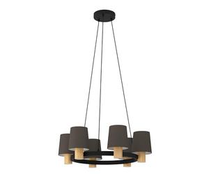 Eglo Chandelier Edale, lámpara colgante para comedor de 6 luces, luminaria forma redonda, FSC100HB, iluminador de metal en negro, madera de roble y textil en cappucchino, candil con casquillo E27