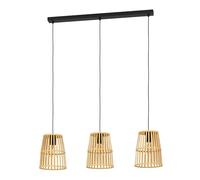 Eglo Eyam Lámpara colgante de 3 focos, lámpara colgante para colocar sobre la mesa de comedor, lámpara de comedor de metal negro y bambú marrón, lámpara colgante de madera con casquillo E27, 89 cm