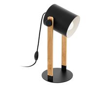 EGLO lámpara de mesa Hornwood, vintage en diseño industrial, lámpara de mesilla de noche retro de acero y madera, negro, crema, marrón, E27, certificado FSC, incluye interruptor