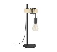 EGLO Lámpara de Mesa Townshend, lámpara Retro Vintage y Industrial, lámpara de mesita de Noche de Acero y Madera, Negro, marrón, Casquillo E27, Incl Interruptor, Certificado FSC