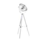 EGLO lámpara de pie de trípode Covaleda, lámpara vintage de pie de 1 foco, lámpara de pie de madera y acero, color blanco, plata, cromo, portalámparas E27, incl interruptor