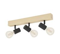 Eglo Lámpara de techo TOWNSHEND 3, lámpara retro con 3 focos de techo vintage de estilo industrial de acero y madera, color negro, marrón, casquillo E27, certificado FSC