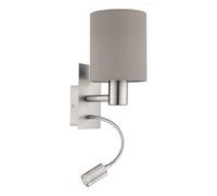 Eglo lámpara led de pared Pasteri, lámpara de pared textil de 2 focos, materiaL acero, tela, color níquel mate, topo, portalámparas E27, incl interruptor y luz de lectura ajustable