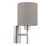 Eglo Pasteri Lámpara de pared textil de 1 foco, aplique de pasillo de metal plateado y tela de color topo, casquillo E27