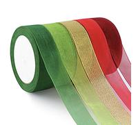 Egofine 5 rollos de cinta de gasa transparente, cinta de organza transparente para hacer lazos, ramos, envolver regalos, bodas (1 pulgada, 25 yardas cada rollo, colores degradados, Navidad)