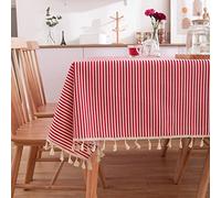EHOMERY Mantel Mesa Rectangular Exterior Ajustable Rayas Rojas con Borla Macrame De Decorativo Lavable Rojo Blanco Sabana Algodon Protección Decoración 140X180Cm