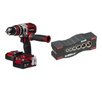 Einhell Atornillador inalámbrico TE-CD 18Li-i Brushless Power X-Change con función de impacto, 18V, 2 velocidades, 60 Nm, luz LED, maletín, 2 baterías de 2,0Ah y cargador + Guía de perforación
