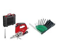Einhell caladora con cable - TE-JS 100. 750 W, 800-3000 carreras de 1/min, profundidad de corte máx. de 100 mm, función de soplado de polvo, luz LED, maletín de transporte + Juego de 10 hojas de calar